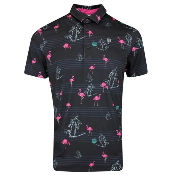 Puma Palm Tree Crew Golf Shirt Black Print Button Down Tropical Flamingo Small - Picture 1 of 11